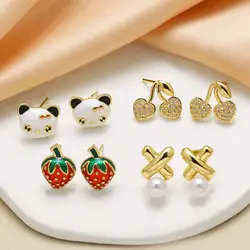 ASJEWELRY Mini Gold Plated Cherry Earrings for Women Enamel Red Strawberry Ear Studs Cute Jewelry Friends Gifts ersn22