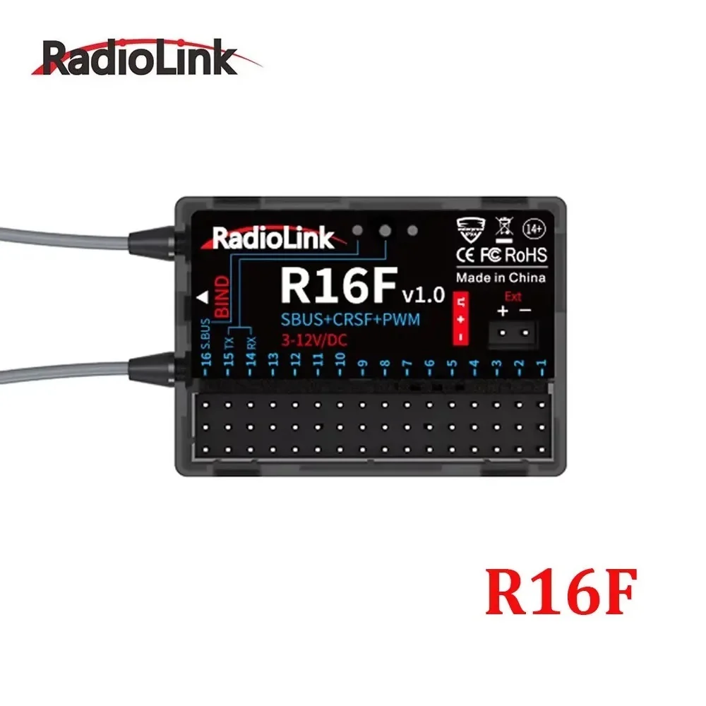 جهاز استقبال Radiolink R16F 16CH مدمج لبرنامج محاكاة القياس عن بعد 600 متر طويل المدى لألعاب RC T16D/T12D/T8FB/T8S/RC8X/RC6GS V3