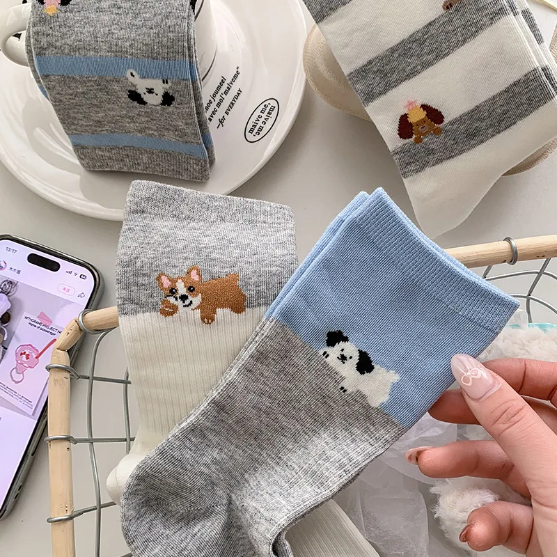 4 أزواج الجوارب النسائية مجموعة الكورية تنفس مريحة عالية الجودة جوارب قطنية الكرتون جرو Kawaii الحلو لطيف منتصف جوارب أنبوبية #3