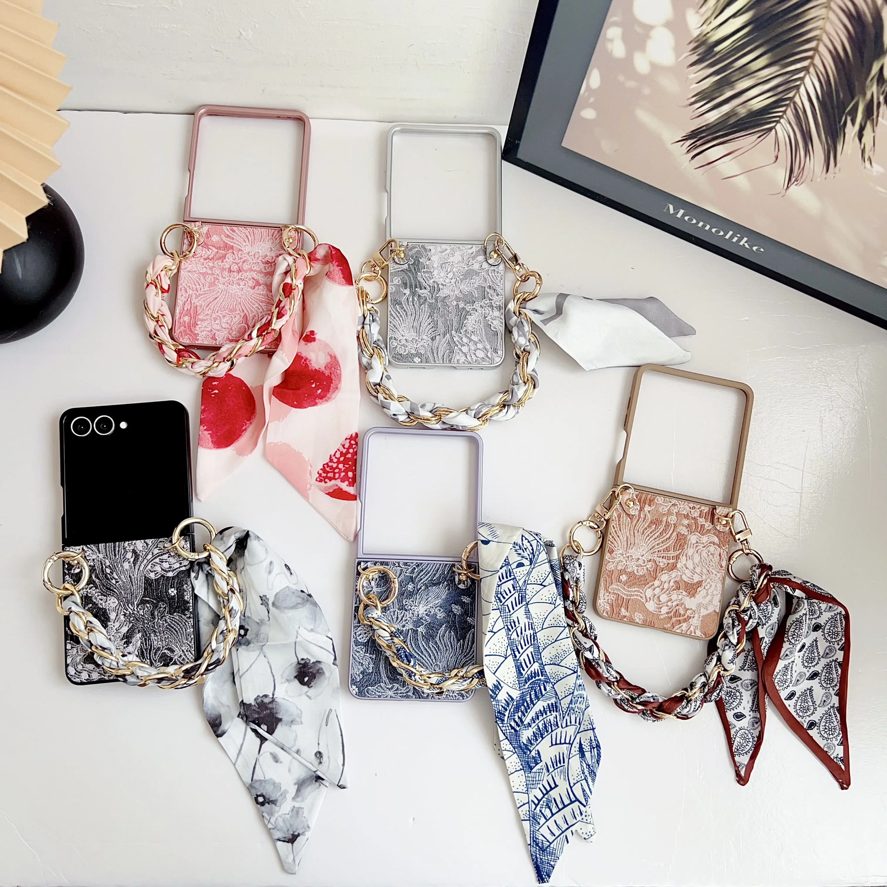 

Back Cover For Samsung Galaxy Z Flip 7 6 5 4 Case Feather Embroidery Silk Scarf Bracelet Chain Hard PC Shockproof Phone Case