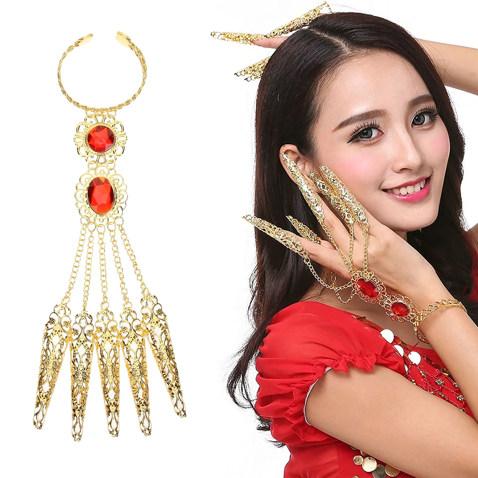 1 par de pulseras de danza del vientre con uñas para los dedos, joyería de mano para mujer, accesorios de disfraz, garra de uña egipcia