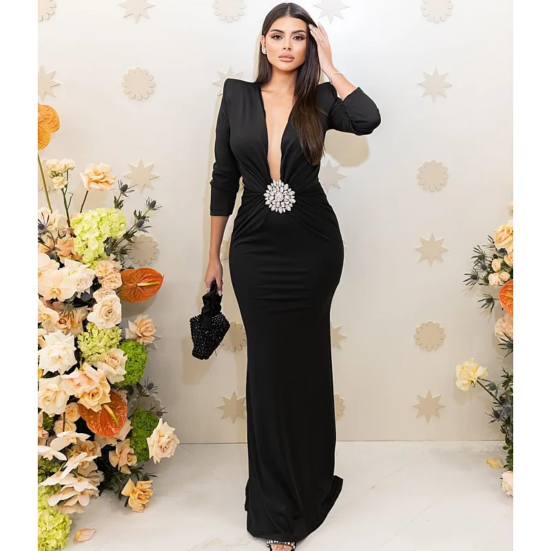

2025 Autumn Shining Diamonds Sexy V-Neck Package Hip Black Floor Length Dress Graceful Woman Party Dress Cocktail Party Outfit