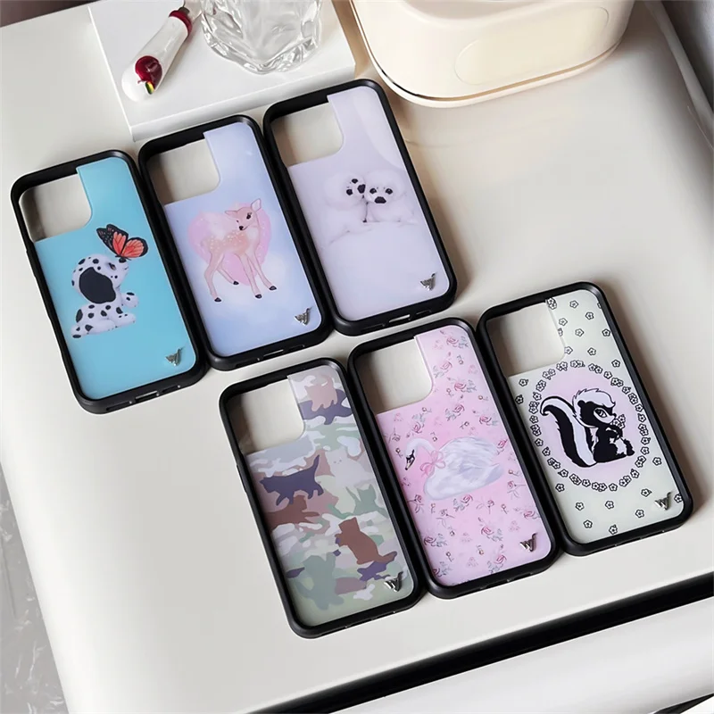 Wildflower 3D WF Metal Logo Anime Phone Case for iPhone 17 16 15 14 13 12 Pro Max Plus Lovely Dog Deer Camouflage Back Cover