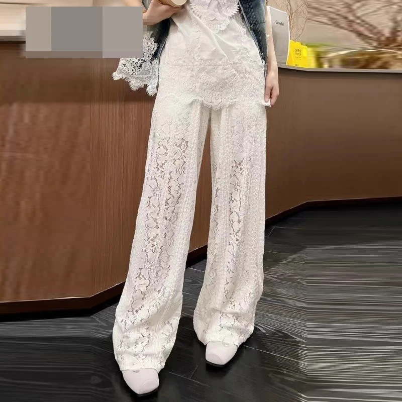 

Gentle literary white high-end lace pants women's 2025 summer new loose and comfortable elegant elastic waist wide-leg pants