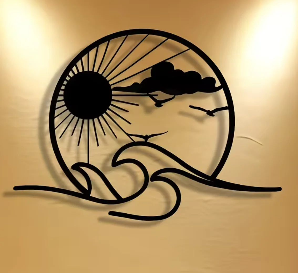 Sunrise Sea Waves Metal Wall Decor, Nordic Seaside Seagull