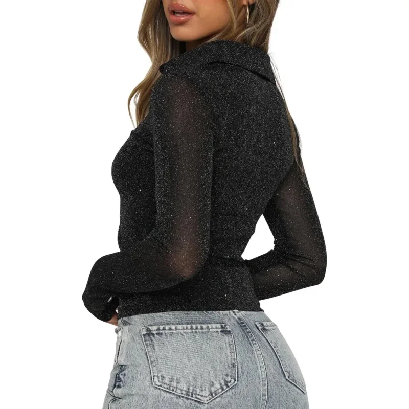 Cárdigan de manga larga para mujer, camisa informal Sexy de Color sólido con perspectiva de malla, cómoda, MYQH12, 2024