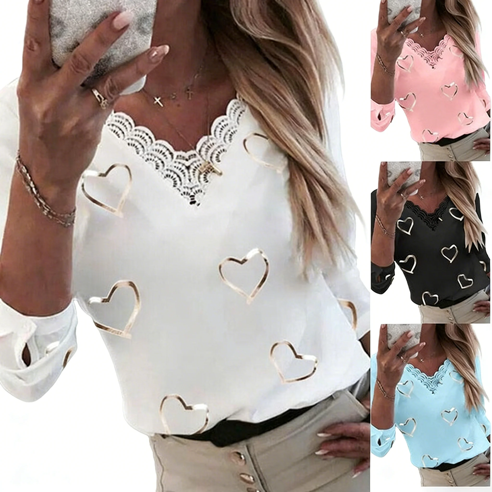 

Zagros Women Summer Lace Patchwork Blouse, Casual Half Sleeve Heart Print V Neck Elegant Ladies Top