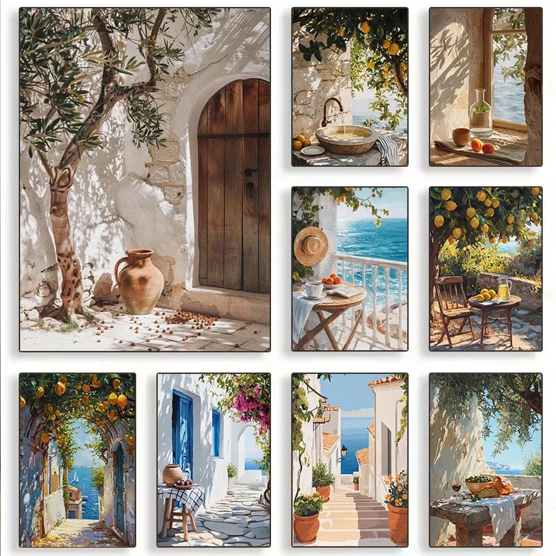 Rustic Mediterranean Landscape Italian Olive Tree Kitchen Pottery Greece Poster Canvas Painting Wall Art Pictures Home Decor