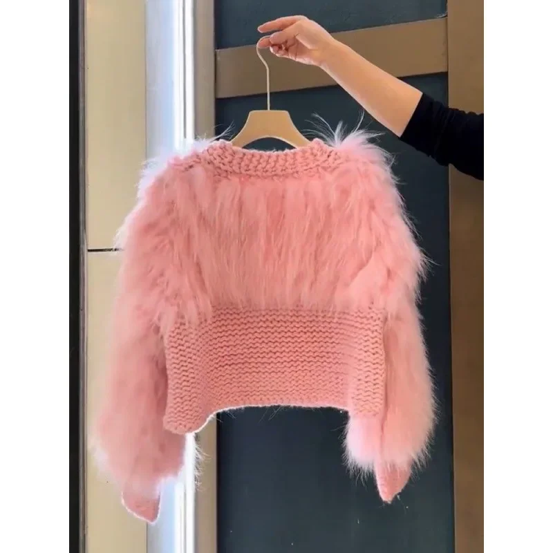 Plus Size Pink Sweetknit Cardigan Top V-Neck Design Faux Fur Sweater 2024 New Arrival Trendy Pullover Coat