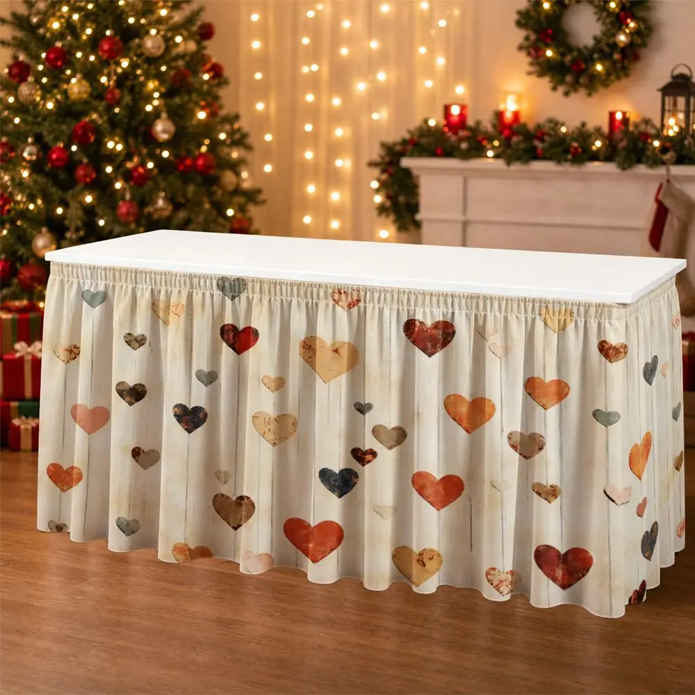 One party table skirt decoration with a wood-grain background featuring a heart-shaped pattern and ruffled table edge.