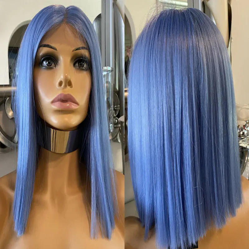 

Sky Blue Color Short Straight Hair Synthetic 13x4 Lace Front Wigs High Quality Heat Resistant Fiber Hair For Women Cosplay Use