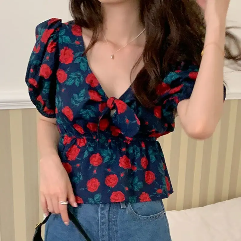 

2026 Retro Rose Print V Neck Tie Front Blouse with Puff Sleeves Hollow Out Detail Summer Essential