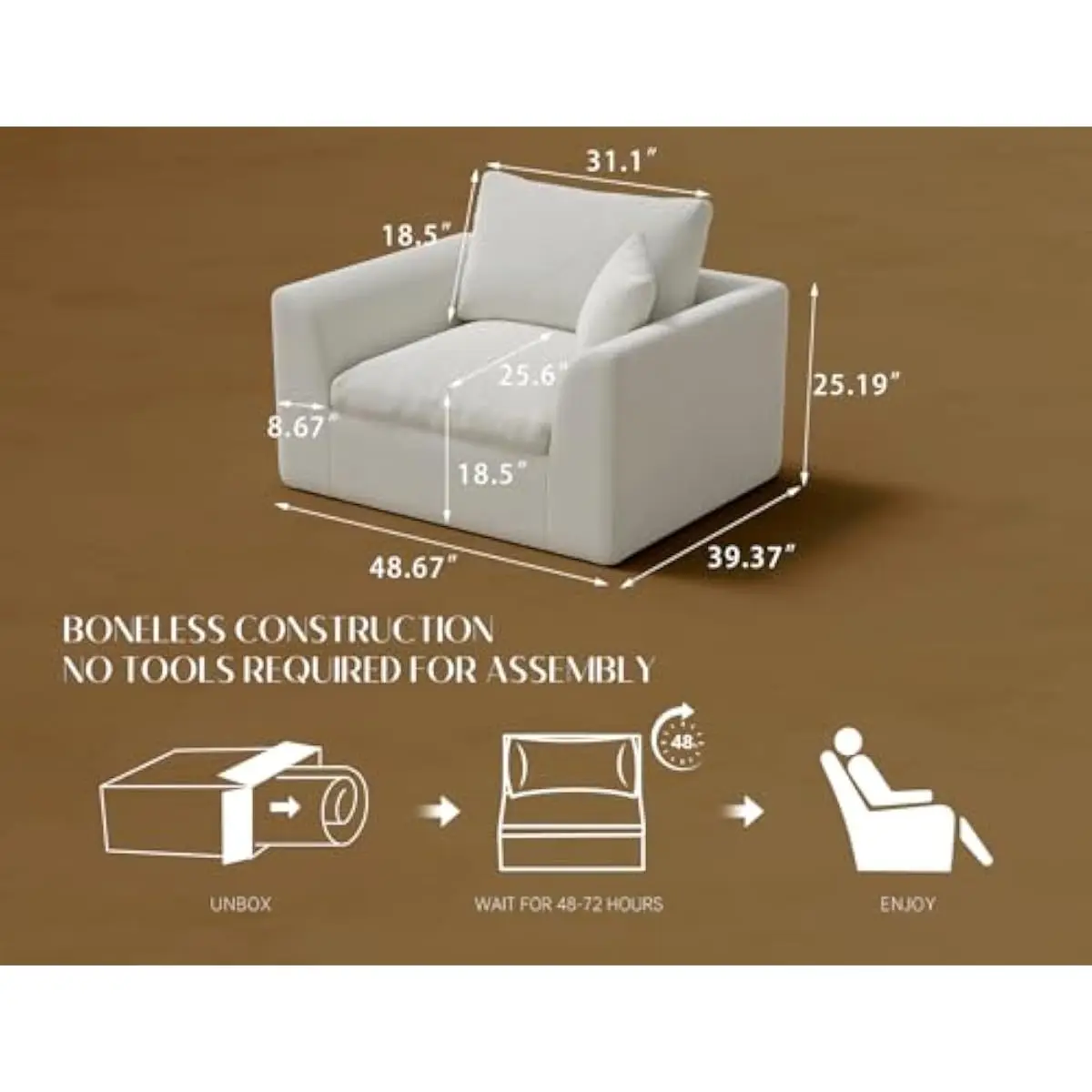 Oversized 48.6 inch single chaise sofa in warm white modern design, cloud-soft high-resilience foam, deep seat with thick armres