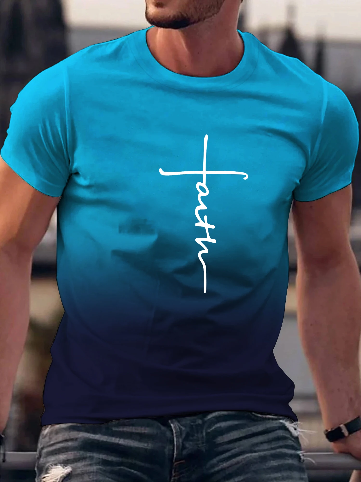 FAITH T-shirt Men\'s Gradient Color And Alphabet Print With Crew Neck Short Sleeve Casual Trendy Tops Suitable For Summer