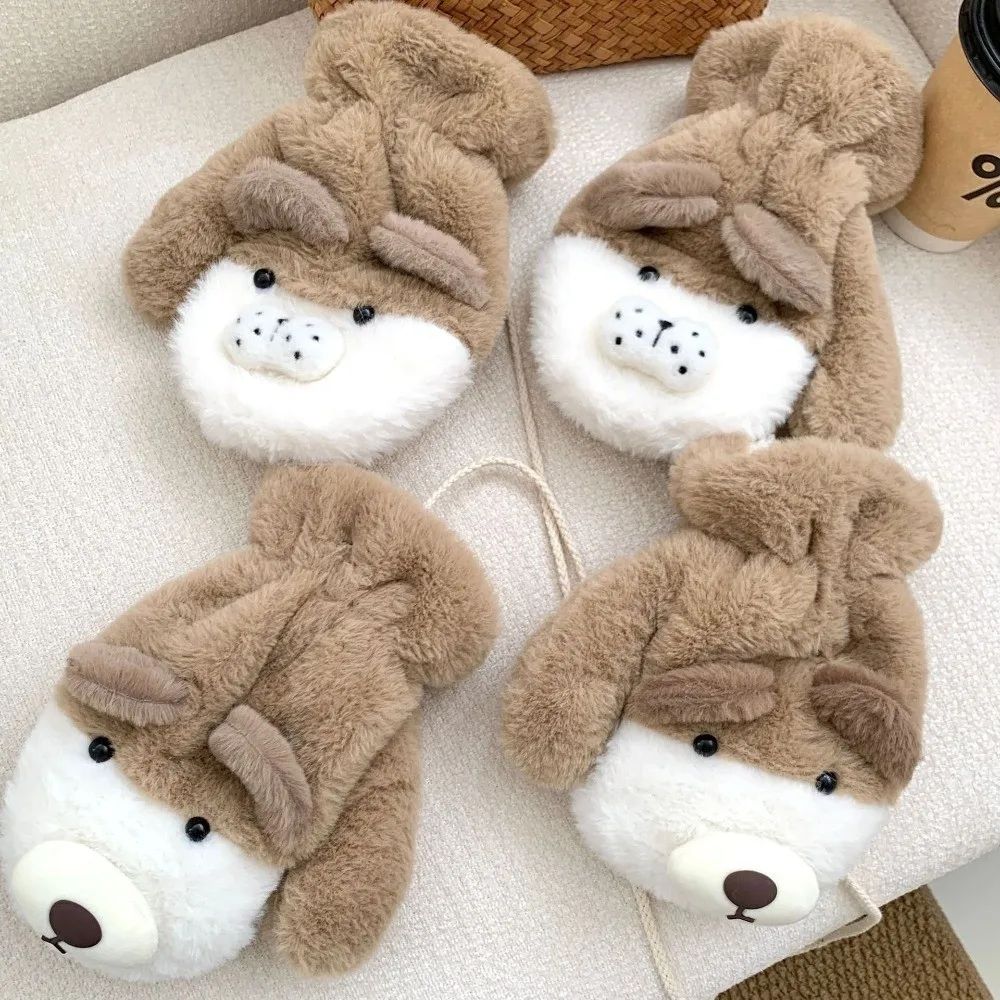 Polyester Fleece Lined Mitten Gloves Windproof Neck Lanyard Thick Warm Dog Pattern Gloves Cold Proof Fleece Lined Gloves
