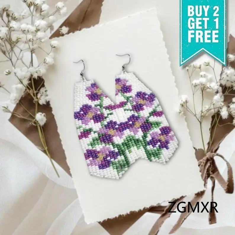 Beaded earrings Tassel Flower purple Geometry Bohemia Pattern Hand-woven Trend Simple Female Alloy Rice bead earrings
