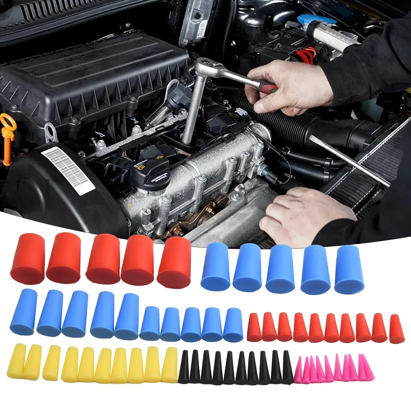 60pcs Silicone Cone Plugs Kit Universal Durable Use 8 Different Sizes High Temperatures Masking Plugs Random Color Car Parts