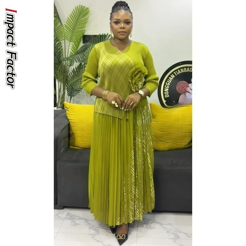 

2025 Summer New Pleated A-line Dress Elegant Suit Collar Mid To Long Style Waist Cinching Slimming Women Folds Skirt