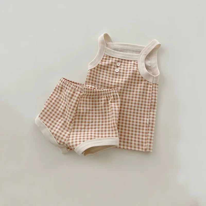 6-36M Newborn Kid Baby Boy Girl 2pcs Clothes Set Plaid Sleeveless Tank Top Shorts Set Summer Gingham Two Piece Set Baby Outfit