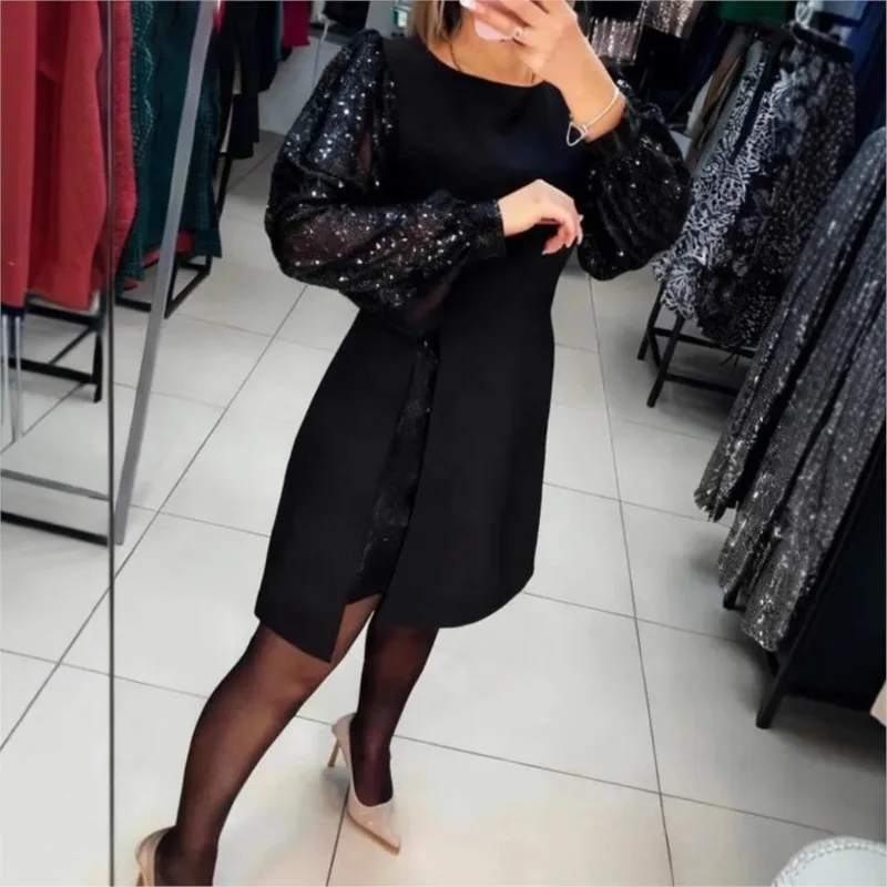 Women's Spring Sexy Patchwork Sequin Evening Dress Fashion O Neck Slit Mini Dress 2026  Autumn Puff Long Sleeve Boho Dress