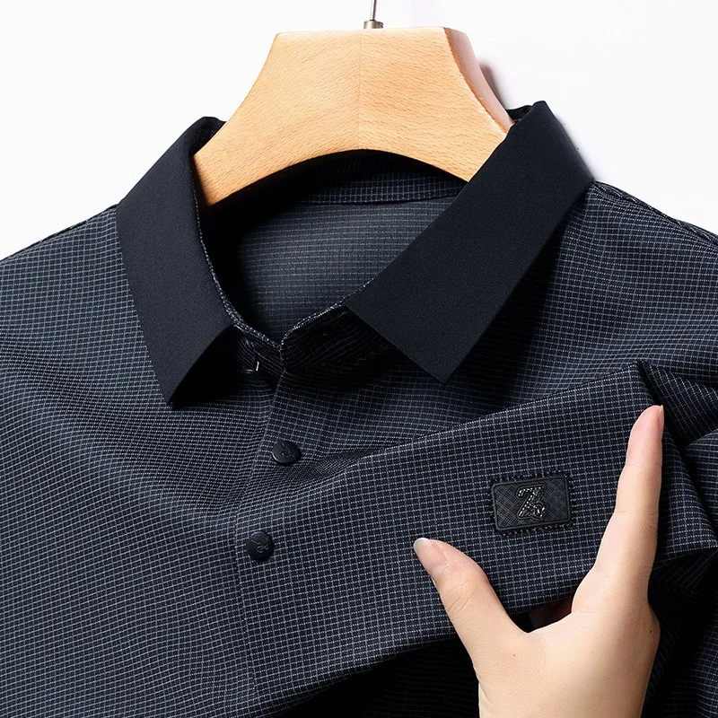 Spring and Autumn Men's Polo Collar Pullover Button Solid Plaid Stripe Long Sleeve T-shirt Fashion Casual Holiday Underlay Tops
