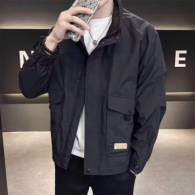 Men Stand Collar Cargo Jacket Multi Pocket Zip Up Loose Casual Windbreaker Outerwear