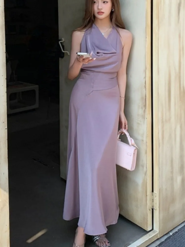 

Vintage Swing-Collar Party Dresses For Woman French Fashion Elegant Purple Lace-up Slim New Long Dress Spring Summer Prom Female