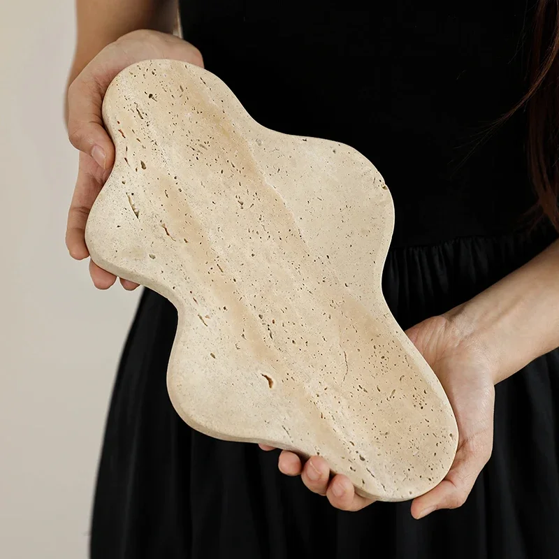 【Natural】Travertine Serving Tray for Coffee Table Irregular Decorative Trinket Dish for Jewelry Ring Key