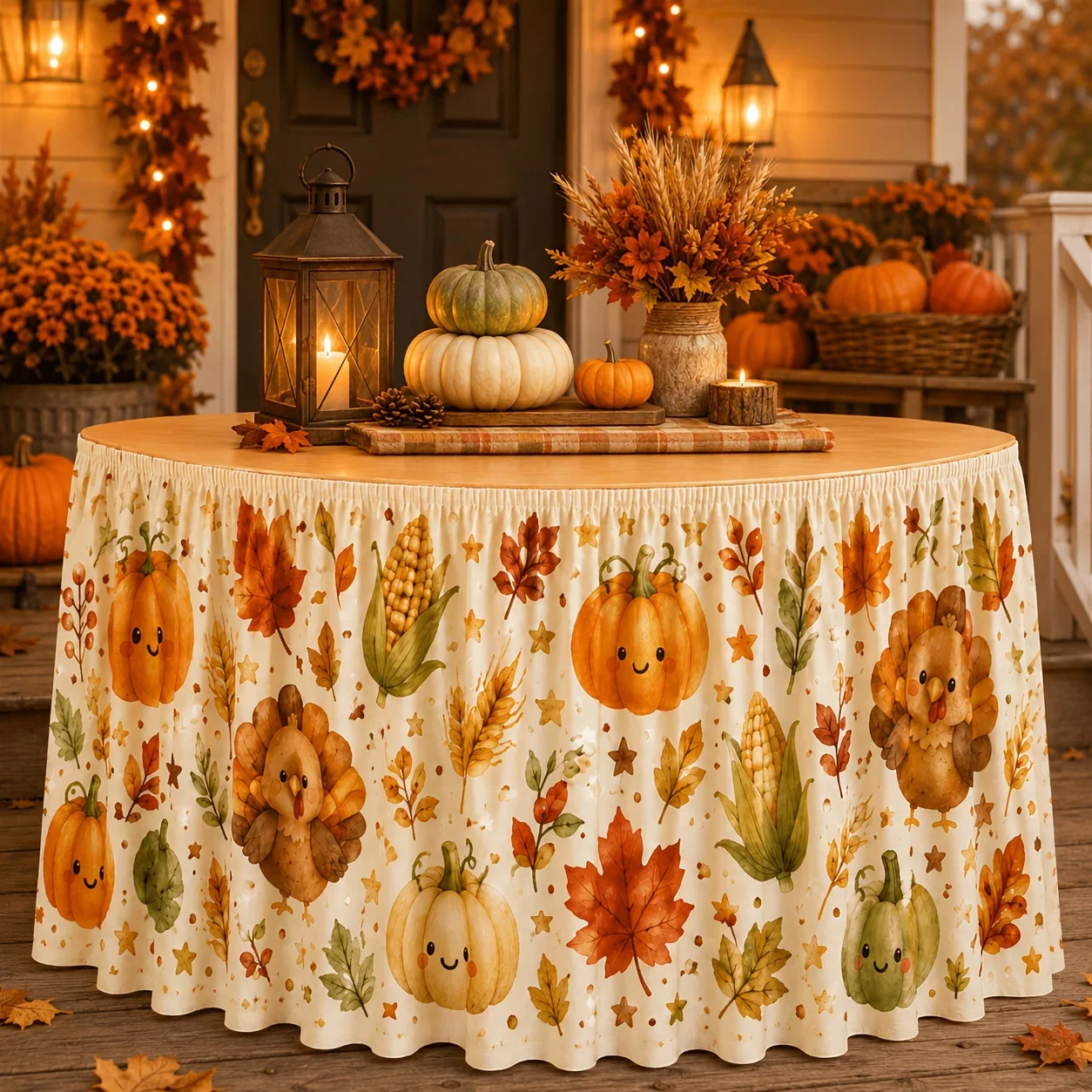 Cream-colored background watercolor-style Thanksgiving tablecloth pattern featuring a cute turkey and a pumpkinxzj