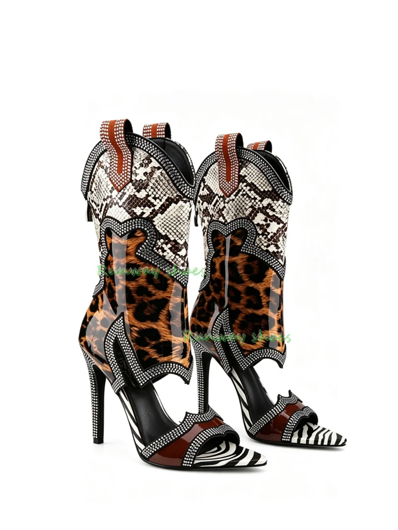 Color Block Western Cowboy Boots Open Toe Rhinestone Stiletto High Heel Ankle Boots MultiColor Patchwork Cutout  Sandal Boots