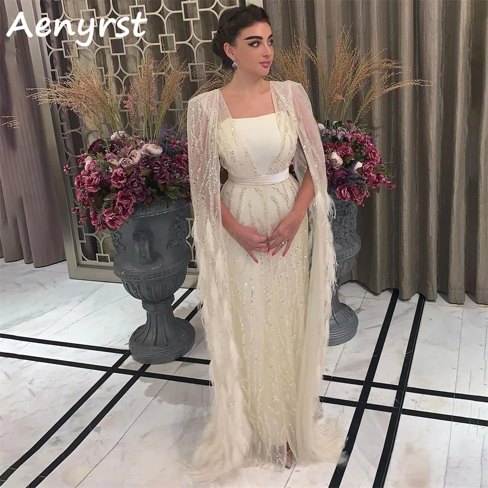 Aenyrst maniche lunghe con cappuccio piume Arabia saudita abiti da sera dritto con paillettes Prom Ball Dress lunghezza alla caviglia cena abiti da festa