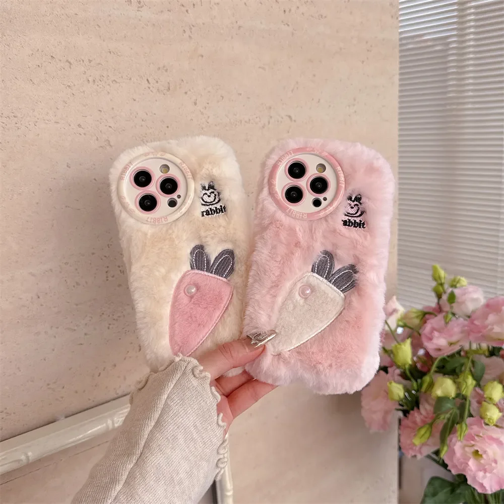 Plush Radish rabbit Phone Case for IPhone16 15 14 13 11 12 Pro Max Plus Cute Shockproof Warm Fur Anti-drop Protective Back Cover