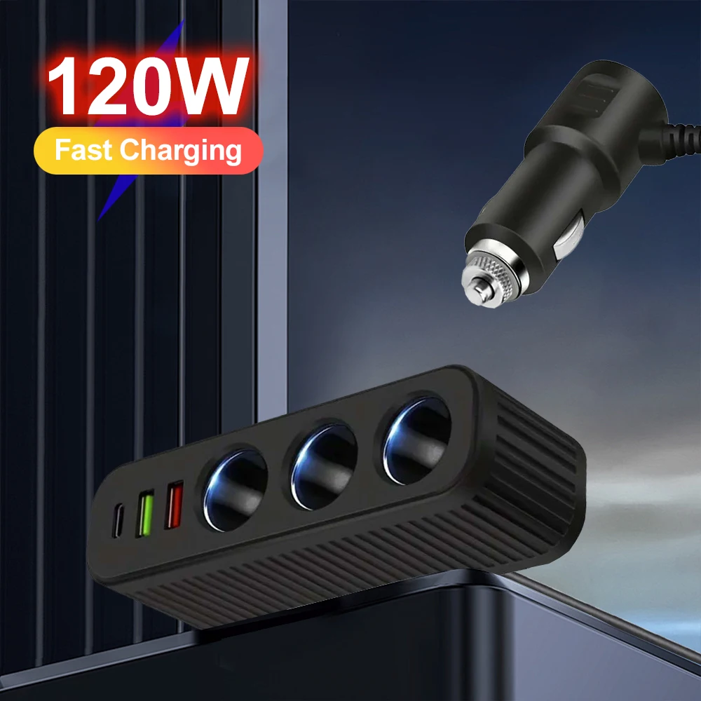 

120 Вт 3 в 1 Dual USB Автомобильный адаптер прикуривателя 12 В 24 В Быстрая зарядка Автомобильное зарядное устройство для телефона Автомобильный видеорегистратор GPS Dashcam