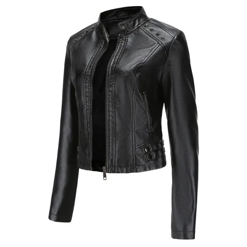 

Women's Standing Collar Short Rivet Leather Jacket Motorcycle leather Jacket Female Autumn/Winter Jacket Skin Coats for Women