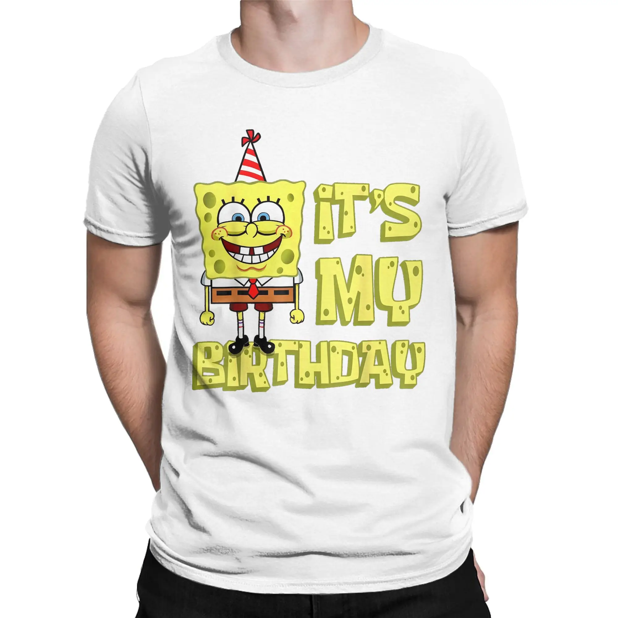 Fashion Sponge Bobs It's my Birthday T-Shirt for Men SquarePants Crew Neck Cotton T Shirt Cartoon Short Sleeve Tee merchandise