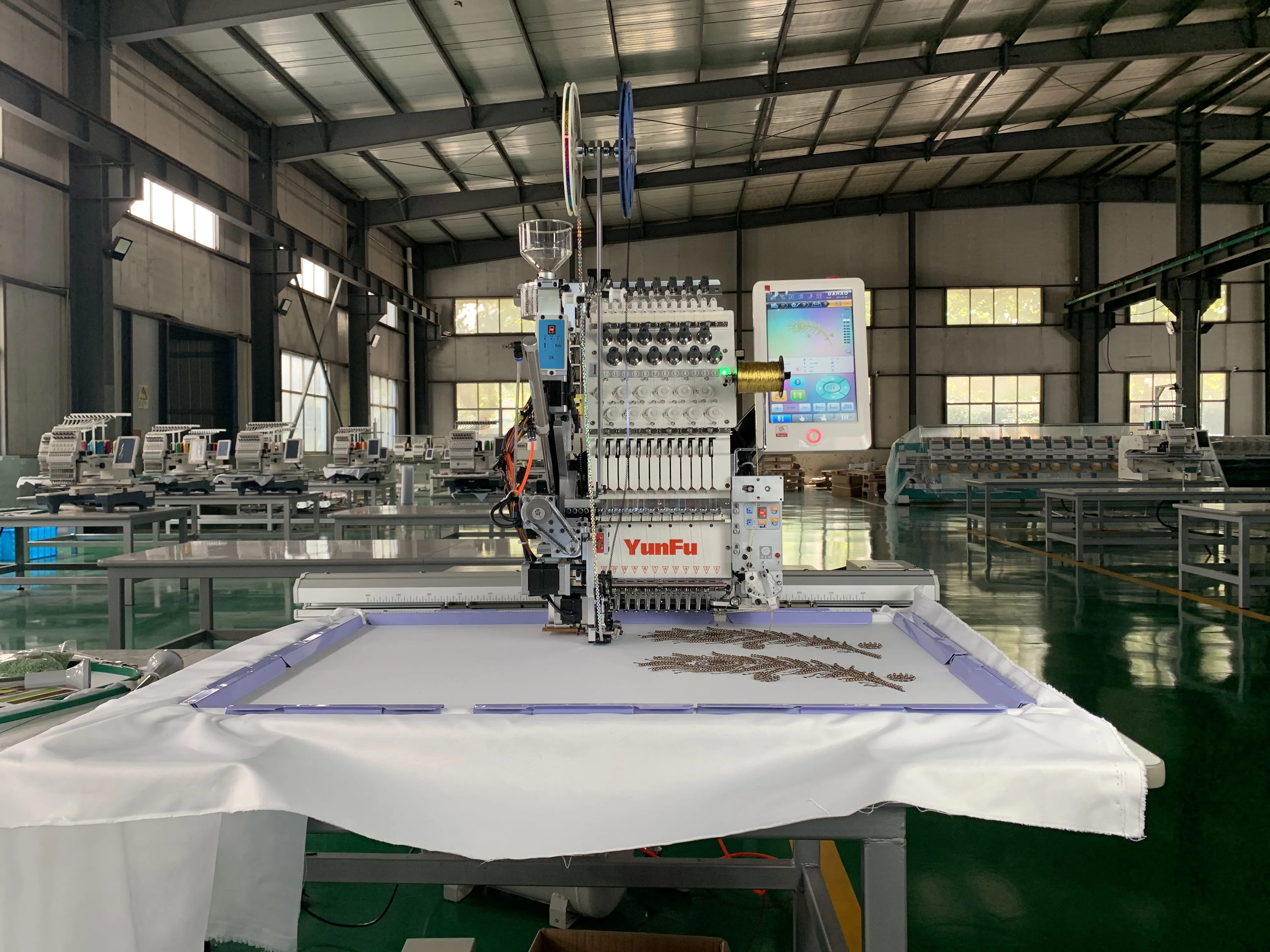 YunFu  500*800 Single Head 12 Needles Cap Mixed Twin Sequin Loose Bead and Cording Device Special Embroidery Machines