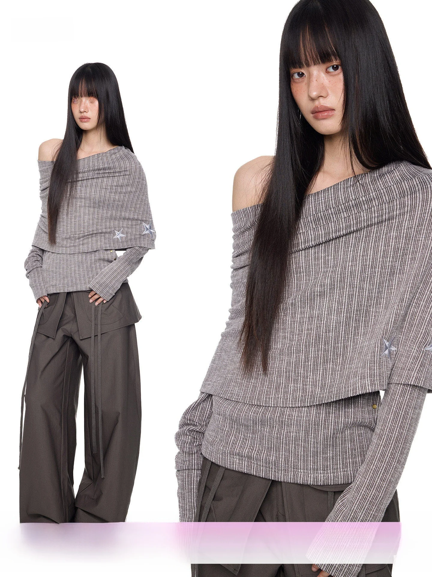 

EZEK Casual Sle Long Sve Knitted T-irt Women's oulder Bared Design Soft Cotton Blend Autumn New Sle Top