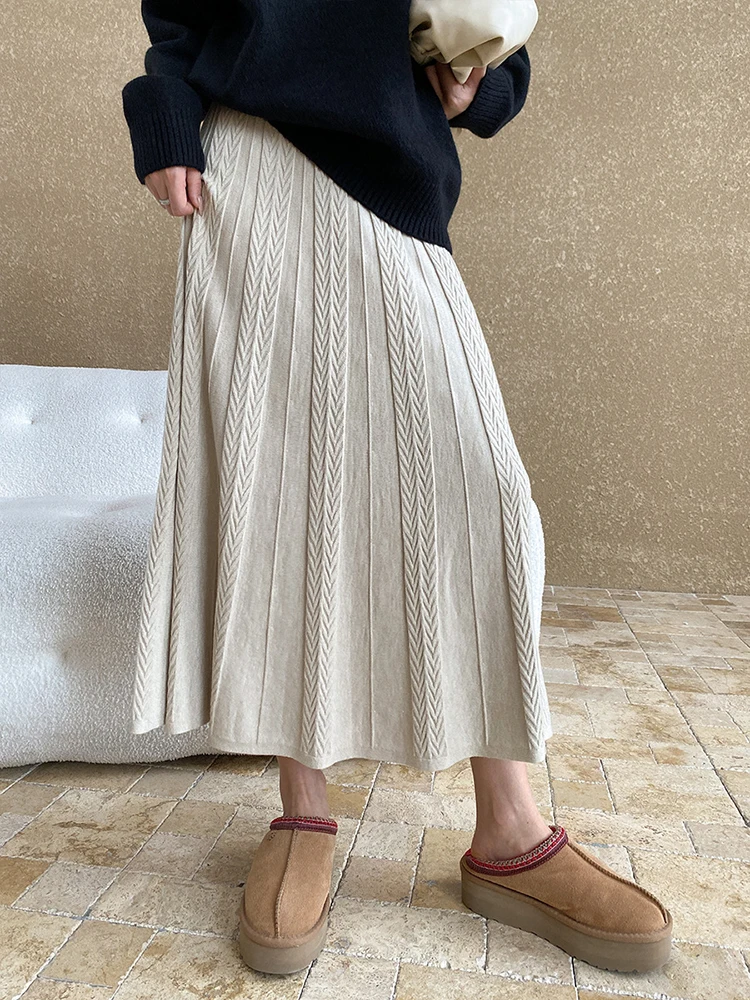 

High Elastic Waist Camel Knitting Elegant Long A-line Half-body Skirt Women Fashion Tide New Spring Autumn