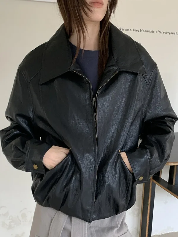 

Retro Hong Kong Sle Chic ort Cotton-Enhanced Leather Jaet Women's Faion Design Motorcycle Clothes Turn-down Collar