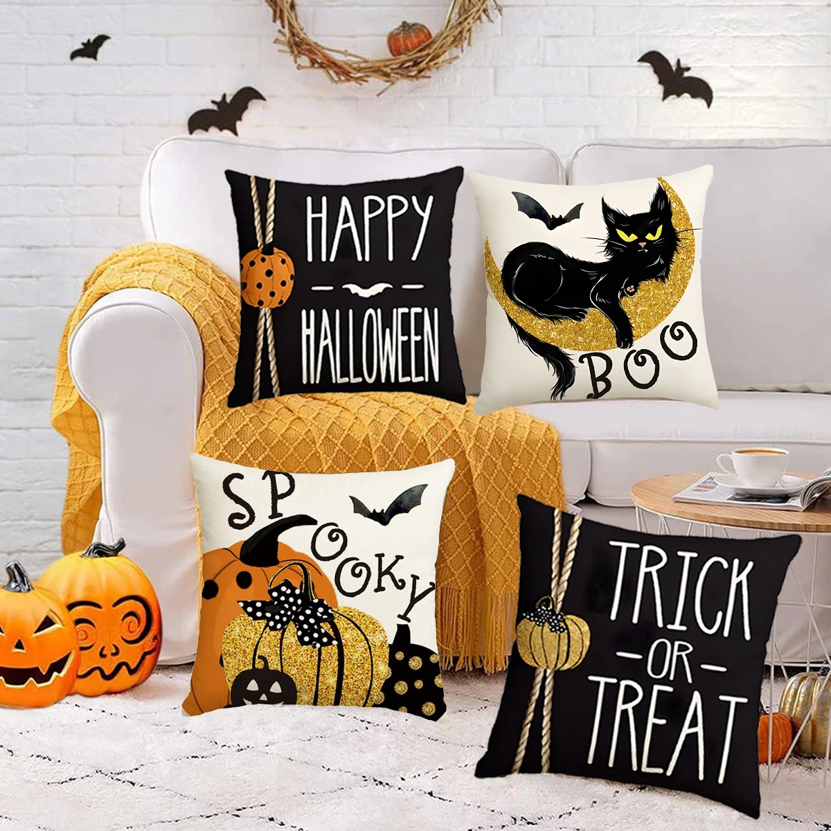 45x45cm Halloween Decoration Pillow Covers Indoor Outdoor Throw Cushion Cover Halloween Party Supplies Pumpkin Bat Pillowcase