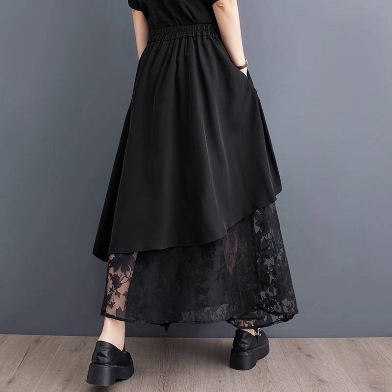 

Необычная кружевная юбка с высокой талией, свободная женская юбка трапециевидной формы больших размеров, летняя длинная юбка с эффектом похудения