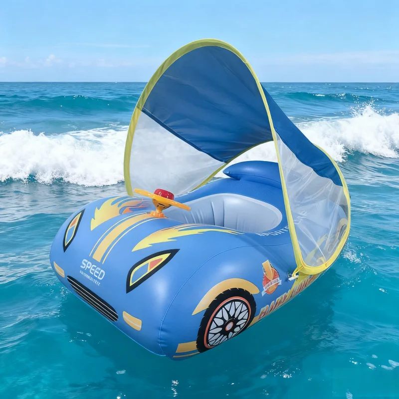 Cartoon Cute Sunshade Canopy Inflatable Car Seat Ring for Infants  Run Car Style Swimming Ring with Sun Protection