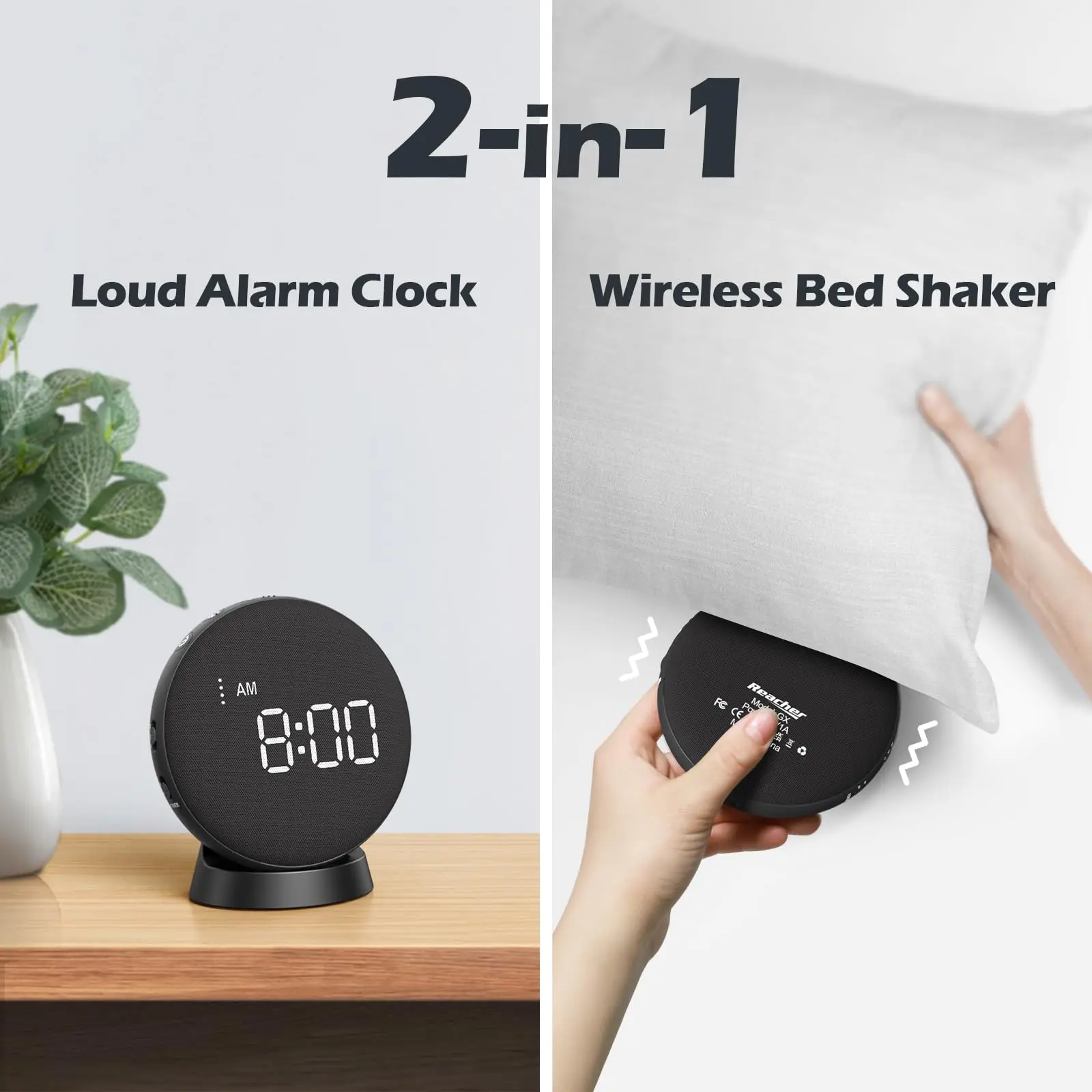 REACHER 2-in-1 Unified Loud Bed Shaker Vibrating Alarm Clock for Hearing Impaired Heavy Sleeper Teens Wireless Magnetic Charging