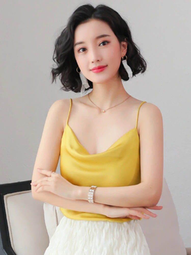Gelb Satin Seide Tank Tops Weibliche Sommer Sexy Strap Grundlegende Spaghetti Strap Tops Frauen