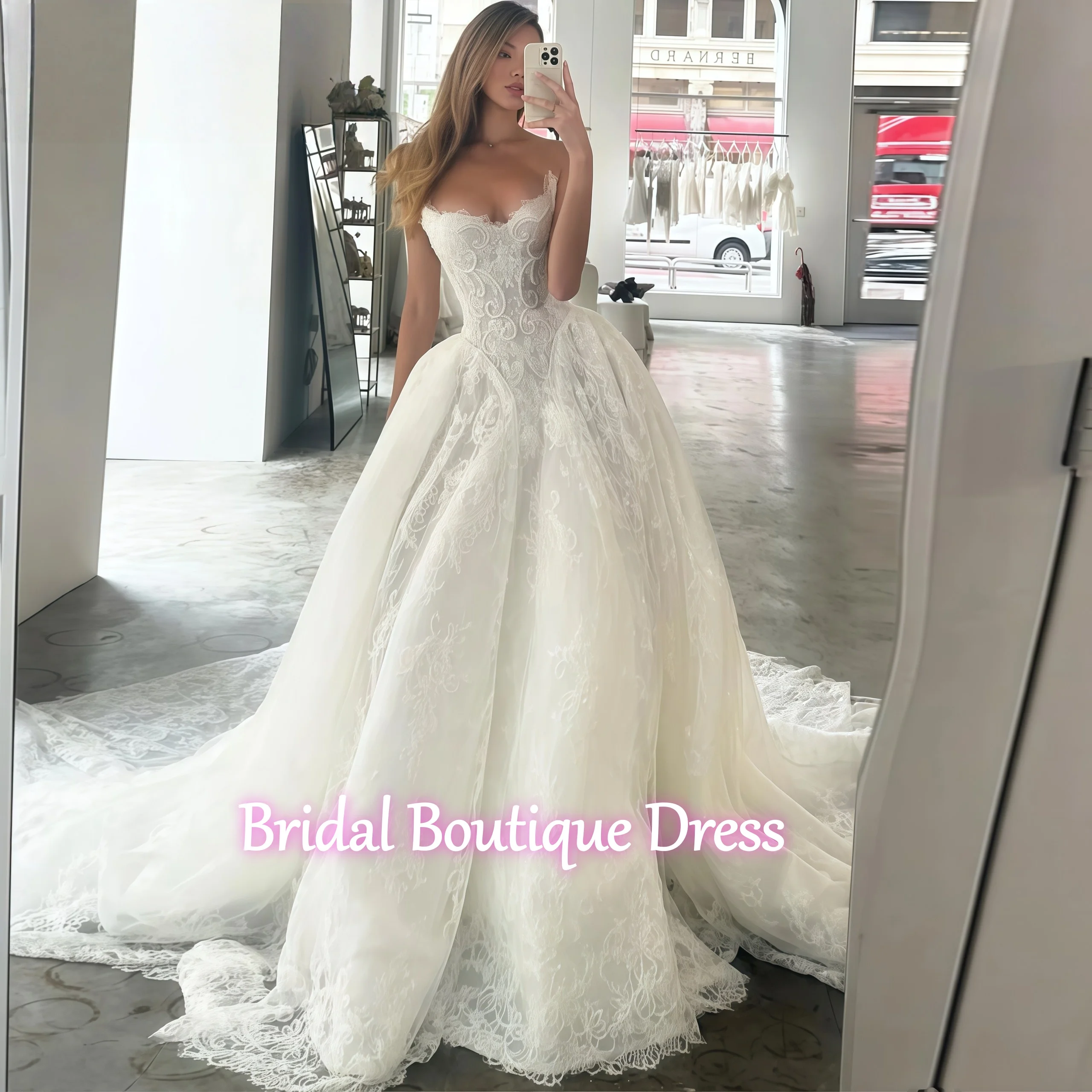 

Exquisite Ivory A-Line Wedding Dresses Pearls Lace Puffy Bridal Gowns 2026 Customized Lace-up Sweep Tail Vestidos De Novia