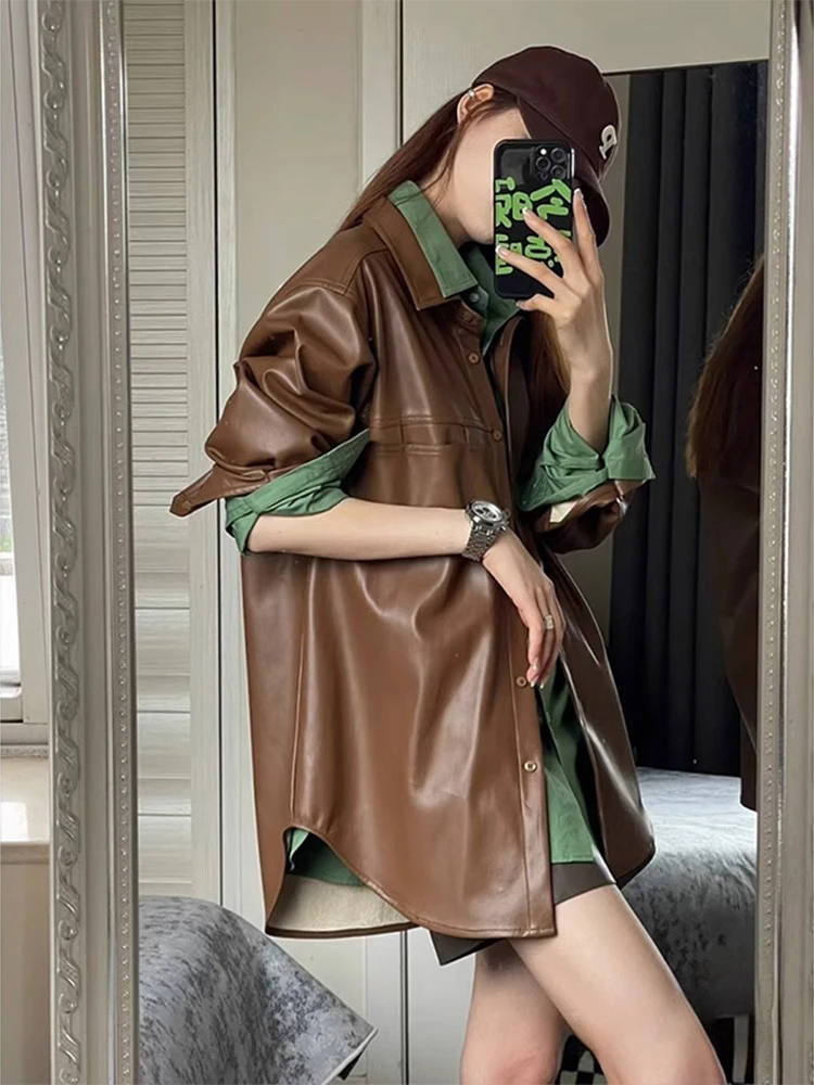 Browan PU Leather Jacket Women's Motorcycle Style Mid-Length Coat  Collar Long Sleeve Loose Fit Fall Fashion 2023