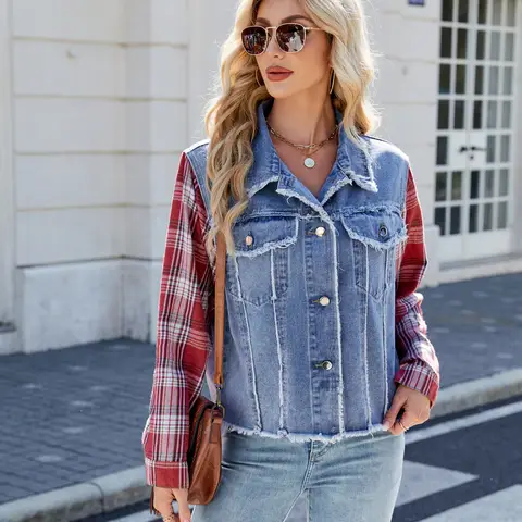 Women's Patchwork Plaid Fringe Denim Jacket Long Sleeved Washed Fashion Outerwear for Women