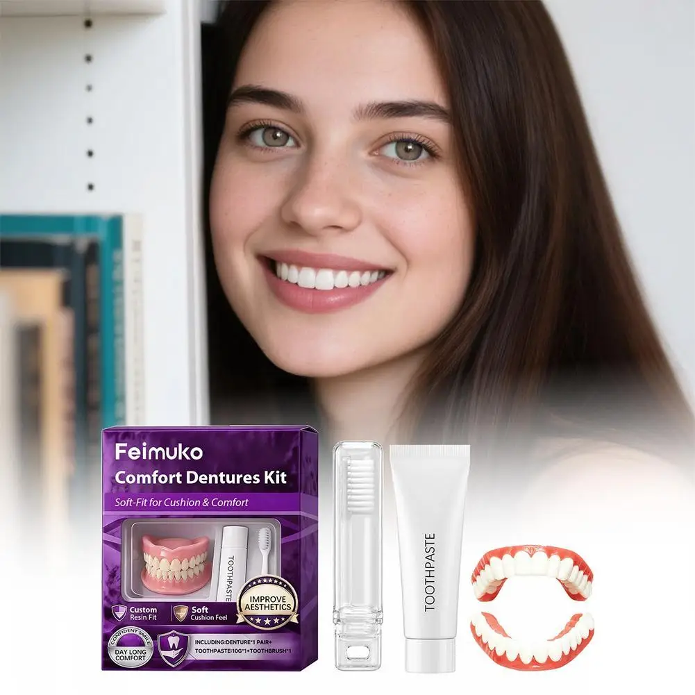 Full Set Natural Dentures Upper & Lower Silicone Fake Teeth Braces Comfort Fit Instant Smile Oral Care For Men Women