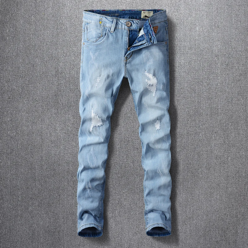 

Newly Designer Fashion Men Jeans Retro Light Blue Elastic Slim Fit Ripped Jeans Men Patched Vintage Stretch Casual Denim Pants