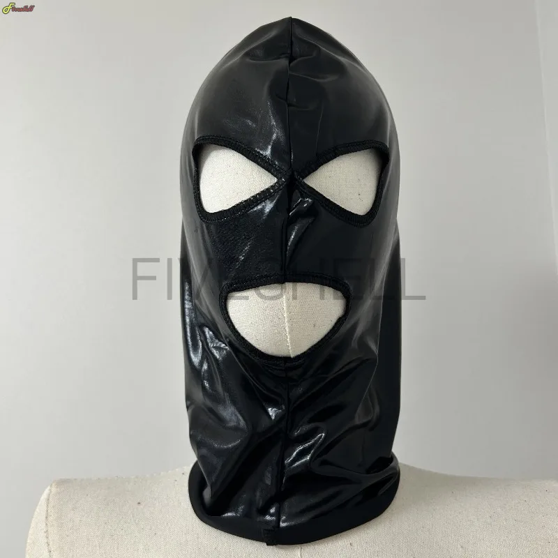 

Cosplay Wetlook Hood Head Latex Mask Pirate Headgear Black Leather Head 3 Holes Cover Face Mask For CS Game Halloween Carnival